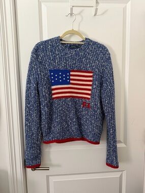 Ralph Lauren Blue Marled Crewneck Sweater with American Flag